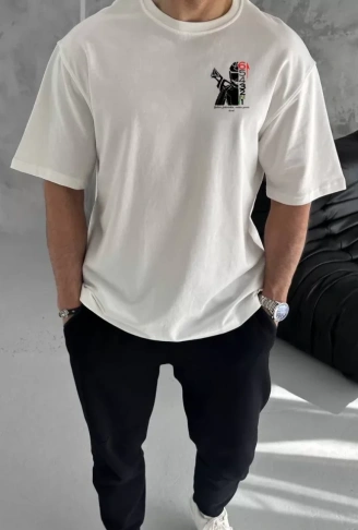 Unisex Bisiklet Yaka Baskılı Oversize T-Shirt - Beyaz