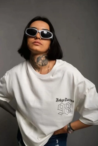 Unisex Bisiklet Yaka Baskılı Oversize T-Shirt - Beyaz