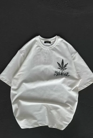 Unisex Bisiklet Yaka Baskılı Oversize T-Shirt - Beyaz