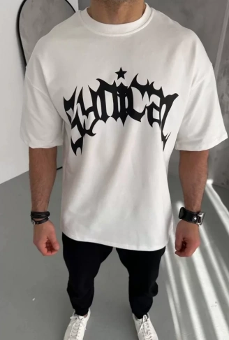 Unisex Bisiklet Yaka Baskılı Oversize T-Shirt - Beyaz