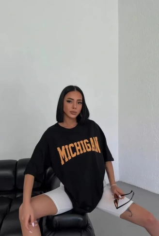 Unisex Bisiklet Yaka Baskılı Oversize T-Shirt - Beyaz