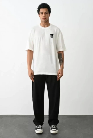 Unisex Bisiklet Yaka Baskılı Oversize T-Shirt - Beyaz