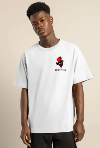 Unisex Bisiklet Yaka Baskılı Oversize T-Shirt - Beyaz