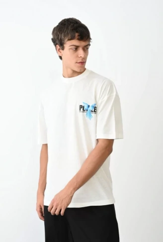 Unisex Bisiklet Yaka Baskılı Oversize T-Shirt - Beyaz