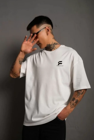 Unisex Bisiklet Yaka Baskılı Oversize T-Shirt - Beyaz