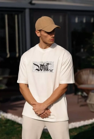 Unisex Bisiklet Yaka Baskılı Oversize T-Shirt - Beyaz