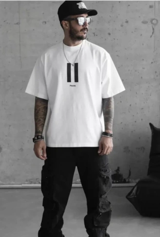 Unisex Bisiklet Yaka Baskılı Oversize T-Shirt - Beyaz