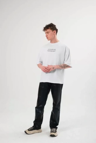 Unisex Bisiklet Yaka Baskılı Oversize T-Shirt - Beyaz