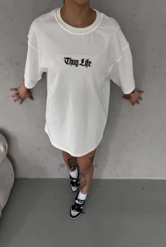 Unisex Bisiklet Yaka Baskılı Oversize T-Shirt - Beyaz