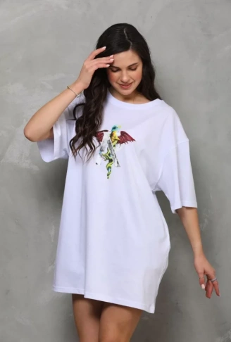Unisex Bisiklet Yaka Baskılı Oversize T-Shirt - Beyaz