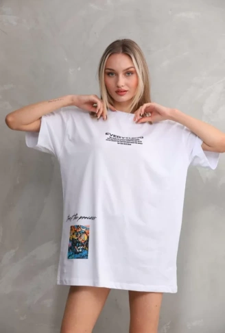 Unisex Bisiklet Yaka Baskılı Oversize T-Shirt - Beyaz