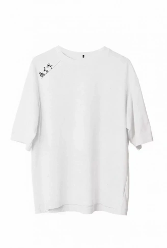 Unisex Bisiklet Yaka Baskılı Oversize T-Shirt - Beyaz