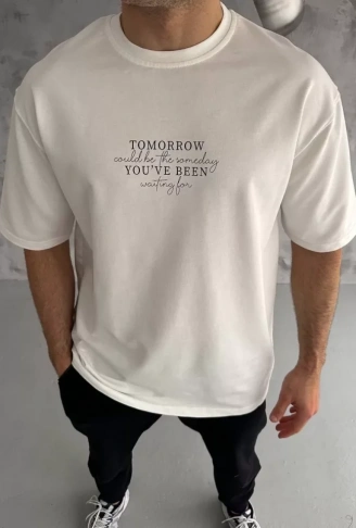 Unisex Bisiklet Yaka Baskılı Oversize T-Shirt - Beyaz