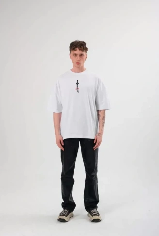 Unisex Bisiklet Yaka Baskılı Oversize T-Shirt - Beyaz