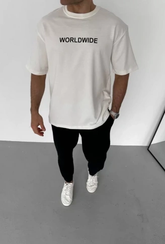 Unisex Bisiklet Yaka Baskılı Oversize T-Shirt - Beyaz