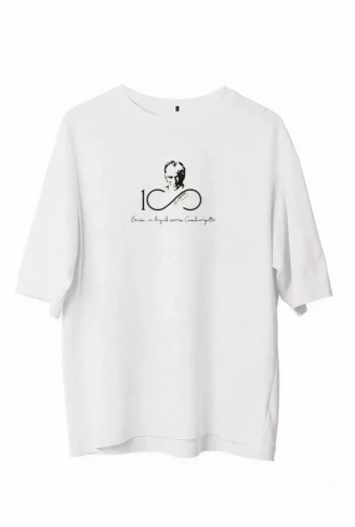 Unisex Bisiklet Yaka Baskılı Oversize T-Shirt - Beyaz