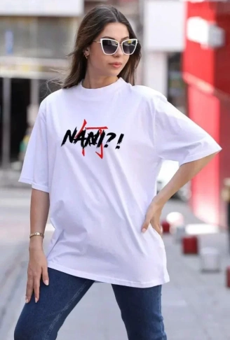 Unisex Bisiklet Yaka Baskılı Oversize T-Shirt - Beyaz