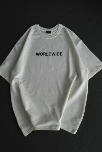 Unisex Bisiklet Yaka Baskılı Oversize T-Shirt - Beyaz