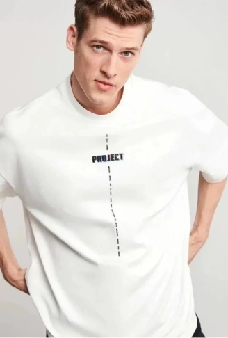 Unisex Bisiklet Yaka Baskılı Oversize T-Shirt - Beyaz