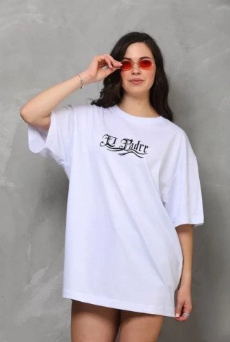 Unisex Bisiklet Yaka Baskılı Oversize T-Shirt - Beyaz