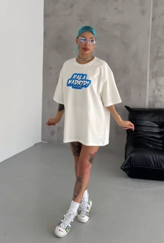 Unisex Bisiklet Yaka Baskılı Oversize T-Shirt - Beyaz