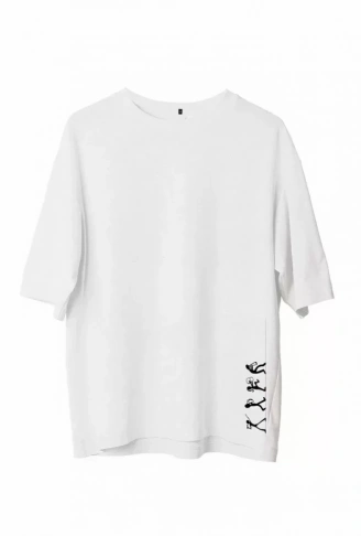 Unisex Bisiklet Yaka Baskılı Oversize T-Shirt - Beyaz