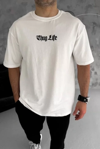 Unisex Bisiklet Yaka Baskılı Oversize T-Shirt - Beyaz