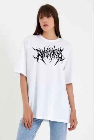 Unisex Bisiklet Yaka Baskılı Oversize T-Shirt - Beyaz