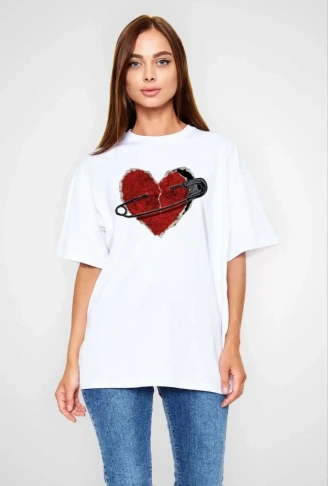 Unisex Bisiklet Yaka Baskılı Oversize T-Shirt - Beyaz