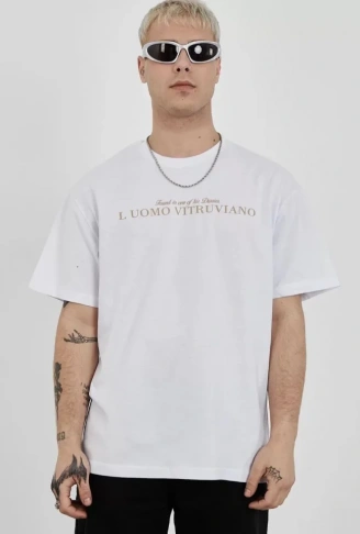 Unisex Bisiklet Yaka Baskılı Oversize T-Shirt - Beyaz