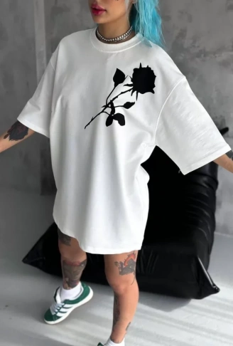 Unisex Bisiklet Yaka Baskılı Oversize T-Shirt - Beyaz