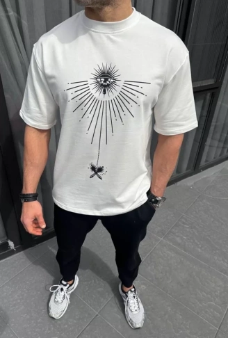 Unisex Bisiklet Yaka Baskılı Oversize T-Shirt - Beyaz