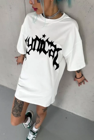 Unisex Bisiklet Yaka Baskılı Oversize T-Shirt - Beyaz