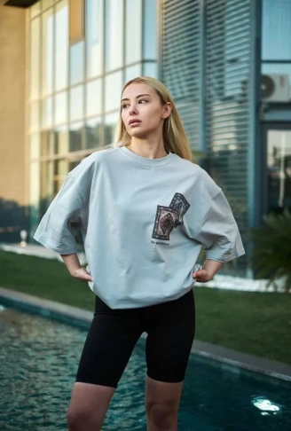 Unisex Bisiklet Yaka Baskılı Oversize T-Shirt - Boyalı Gri