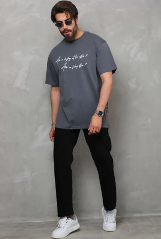 Unisex Bisiklet Yaka Baskılı Oversize T-Shirt - Füme