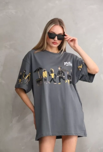 Unisex Bisiklet Yaka Baskılı Oversize T-Shirt - Gri