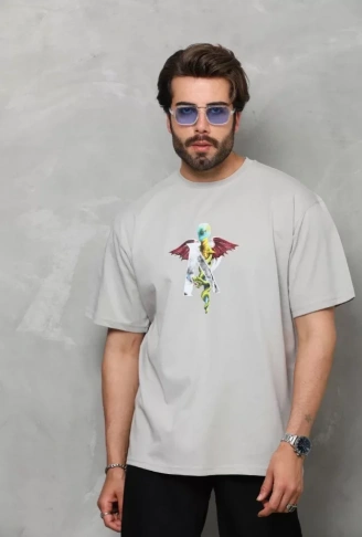 Unisex Bisiklet Yaka Baskılı Oversize T-Shirt - Gri