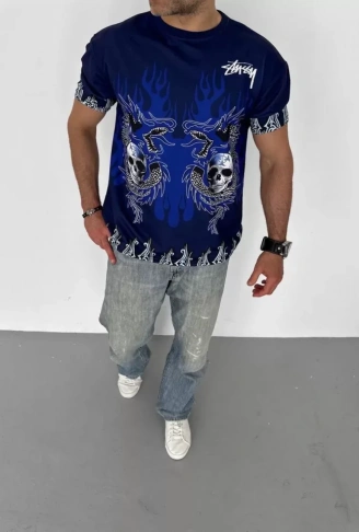 Unisex Bisiklet Yaka Baskılı Oversize T-Shirt - Lacivert