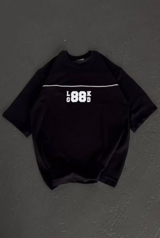 Unisex Bisiklet Yaka Baskılı Oversize T-Shirt - Siyah