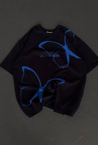 Unisex Bisiklet Yaka Baskılı Oversize T-Shirt - Siyah