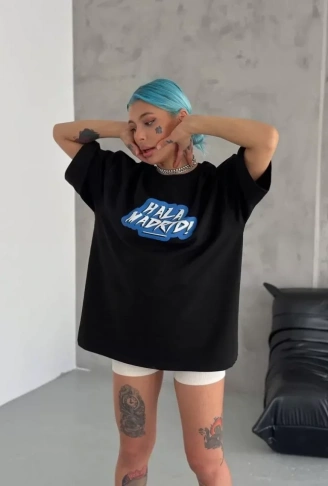 Unisex Bisiklet Yaka Baskılı Oversize T-Shirt - Siyah