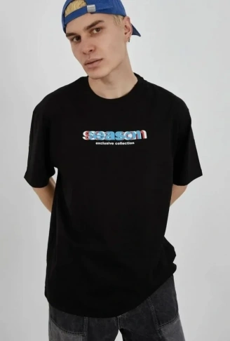 Unisex Bisiklet Yaka Baskılı Oversize T-Shirt - Siyah