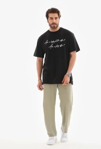 Unisex Bisiklet Yaka Baskılı Oversize T-Shirt - Siyah