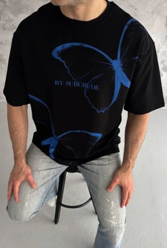 Unisex Bisiklet Yaka Baskılı Oversize T-Shirt - Siyah