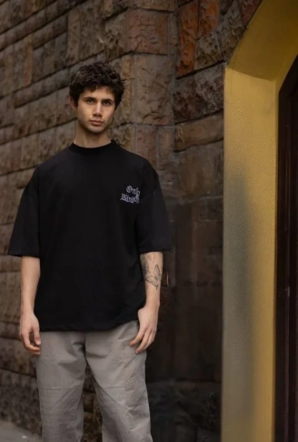 Unisex Bisiklet Yaka Baskılı Oversize T-Shirt - Siyah