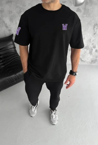 Unisex Bisiklet Yaka Baskılı Oversize T-Shirt - Siyah