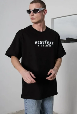 Unisex Bisiklet Yaka Baskılı Oversize T-Shirt - Siyah