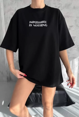 Unisex Bisiklet Yaka Baskılı Oversize T-Shirt - Siyah