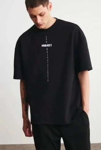 Unisex Bisiklet Yaka Baskılı Oversize T-Shirt - Siyah