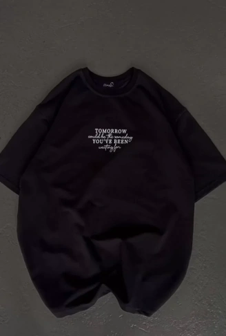 Unisex Bisiklet Yaka Baskılı Oversize T-Shirt - Siyah